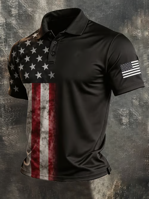Men'S American Flag Print Casual Polo Shirt