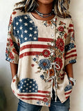 Women's Retro Flag & Floral Print Button-Front Lace-Up Shirt
