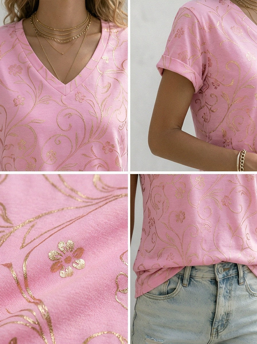 Women's Breast Cancer Awareness Pink Rose Floral Embroidered Button-up Shirt