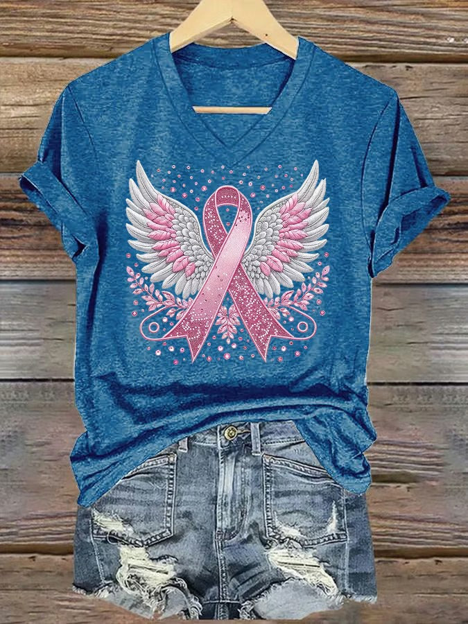 Women'S Casual Pink Ribbon Wings T-Shirt