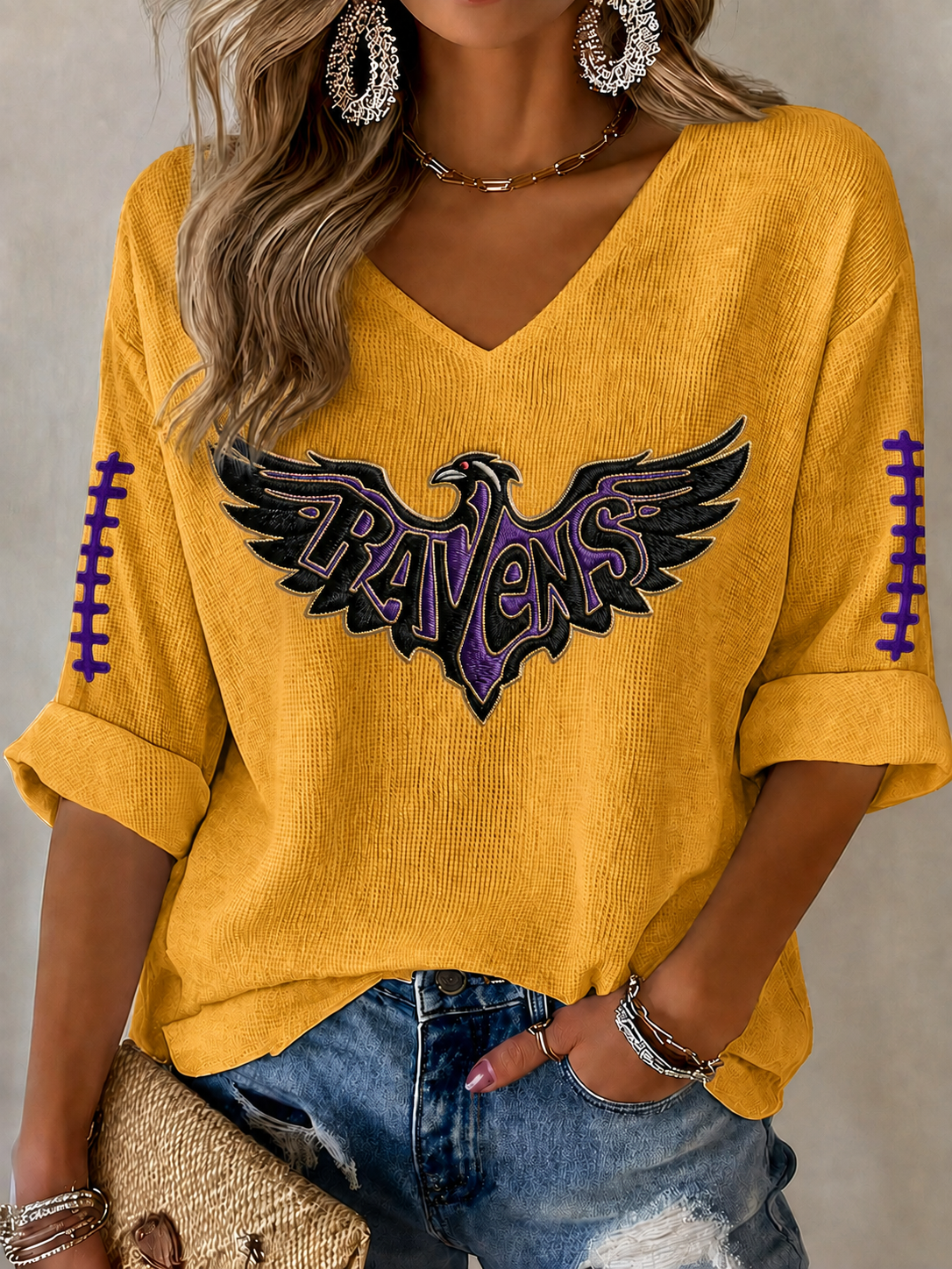 Women'S Football Print Waffle  Top