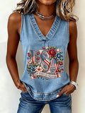 Women's 250th Anniversary Freedom Flower Art  Print Casual V-Neck Vest