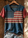 Women's Retro Flag Print Artistic Casual T-Shirt
