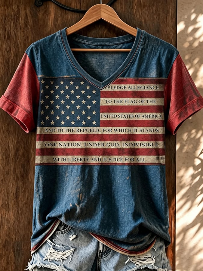 Women's Retro Flag Print Artistic Casual T-Shirt