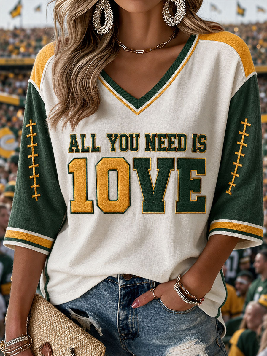 Women's American football V-Neck Three-quarter sleeve T-shirt