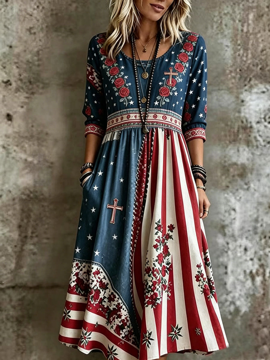 Women'S Vintage  Independence Day USA Flag  Cross Star Ombre Print Midi Dress