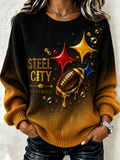 Women's football fan waffle long sleeved round neck sports shirt