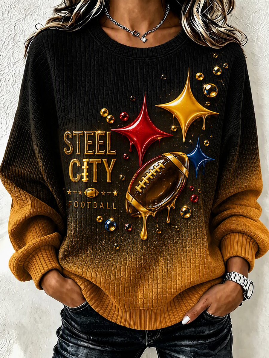 Women's football fan waffle long sleeved round neck sports shirt