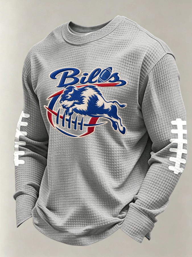 Men'S Buffalo Print Football Fans Gameday Casual Waffle Long Sleeve T-Shirt