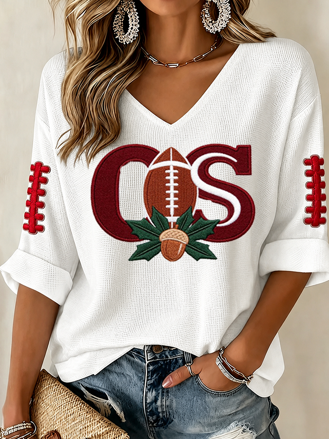 Women'S College Rugby Printed Waffle V-Neck Top