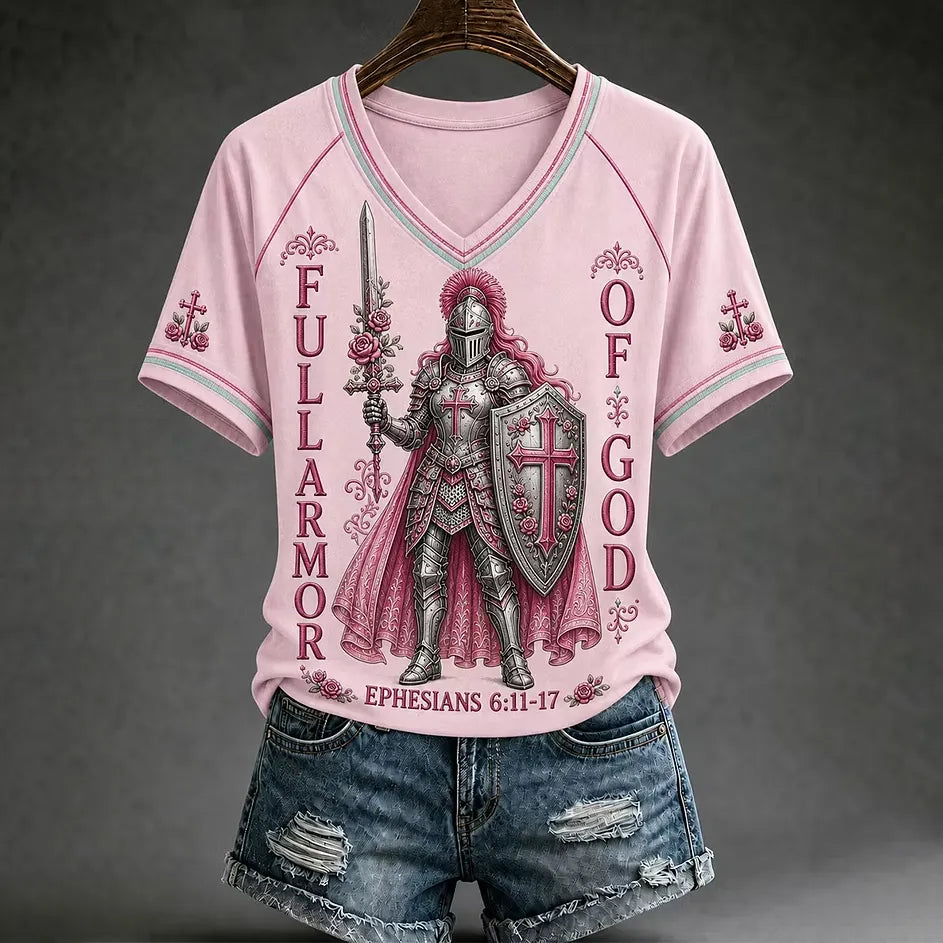 Women's Christian Full Armor Of God Print Casual V-Neck Tee