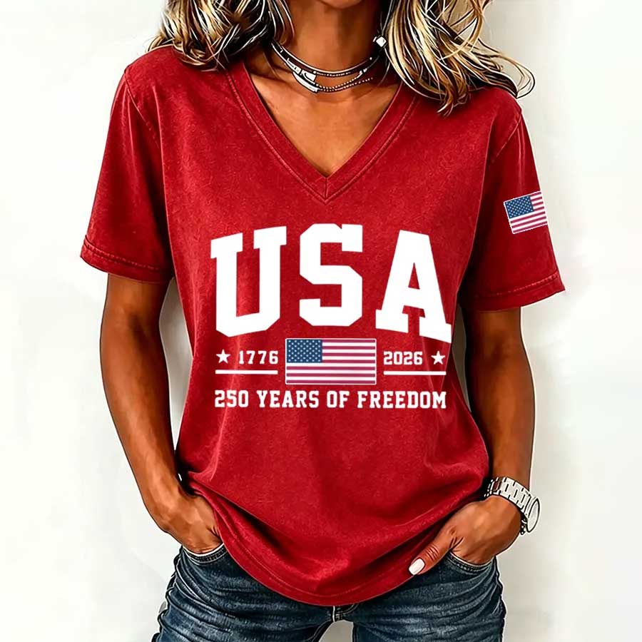 Women's America Flag Floral Print Casual V-Neck T-Shirt