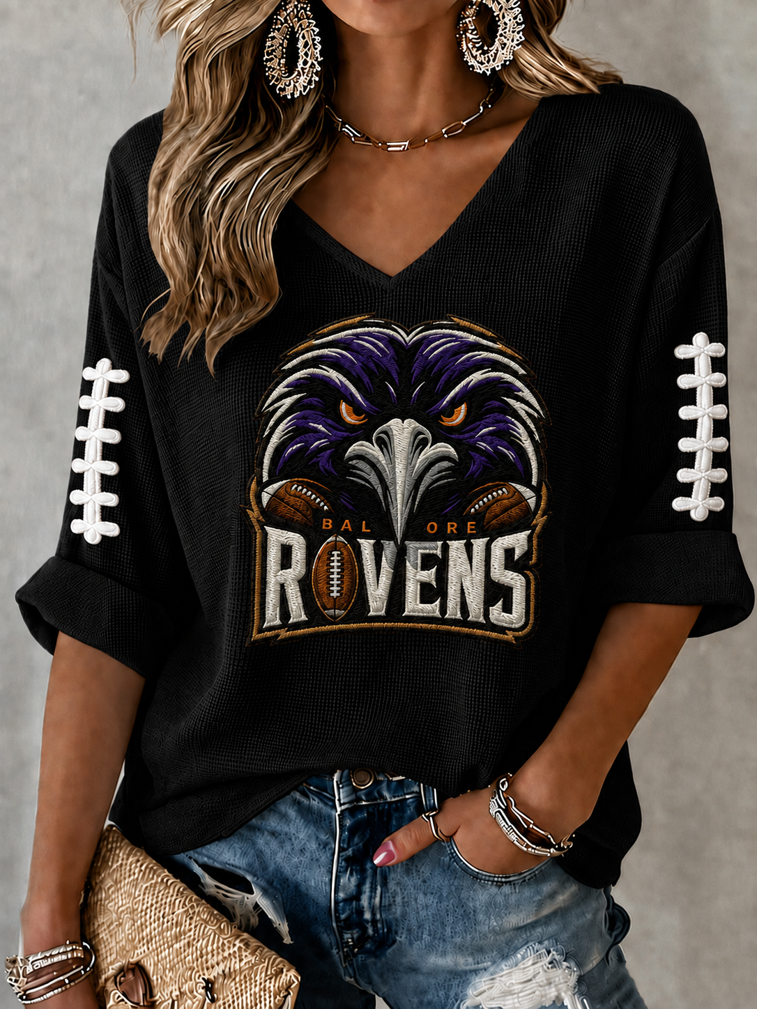 Women'S Football Print Waffle  Top