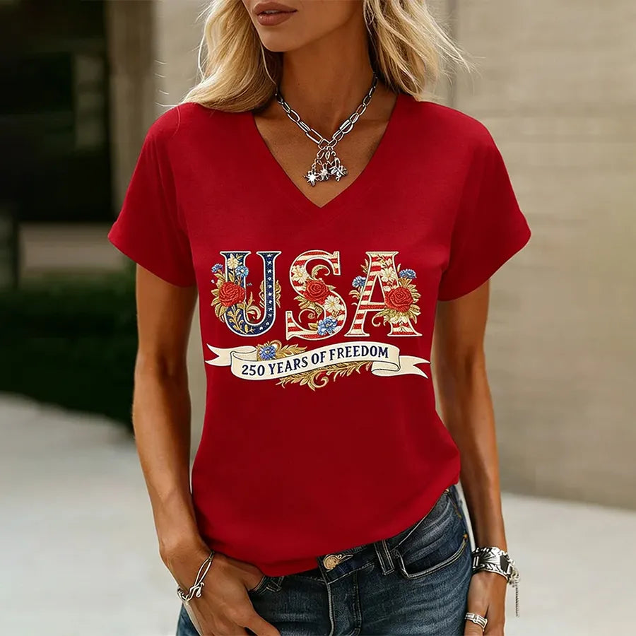 Women's 250th Anniversary Of The United States Printed V-Neck Top