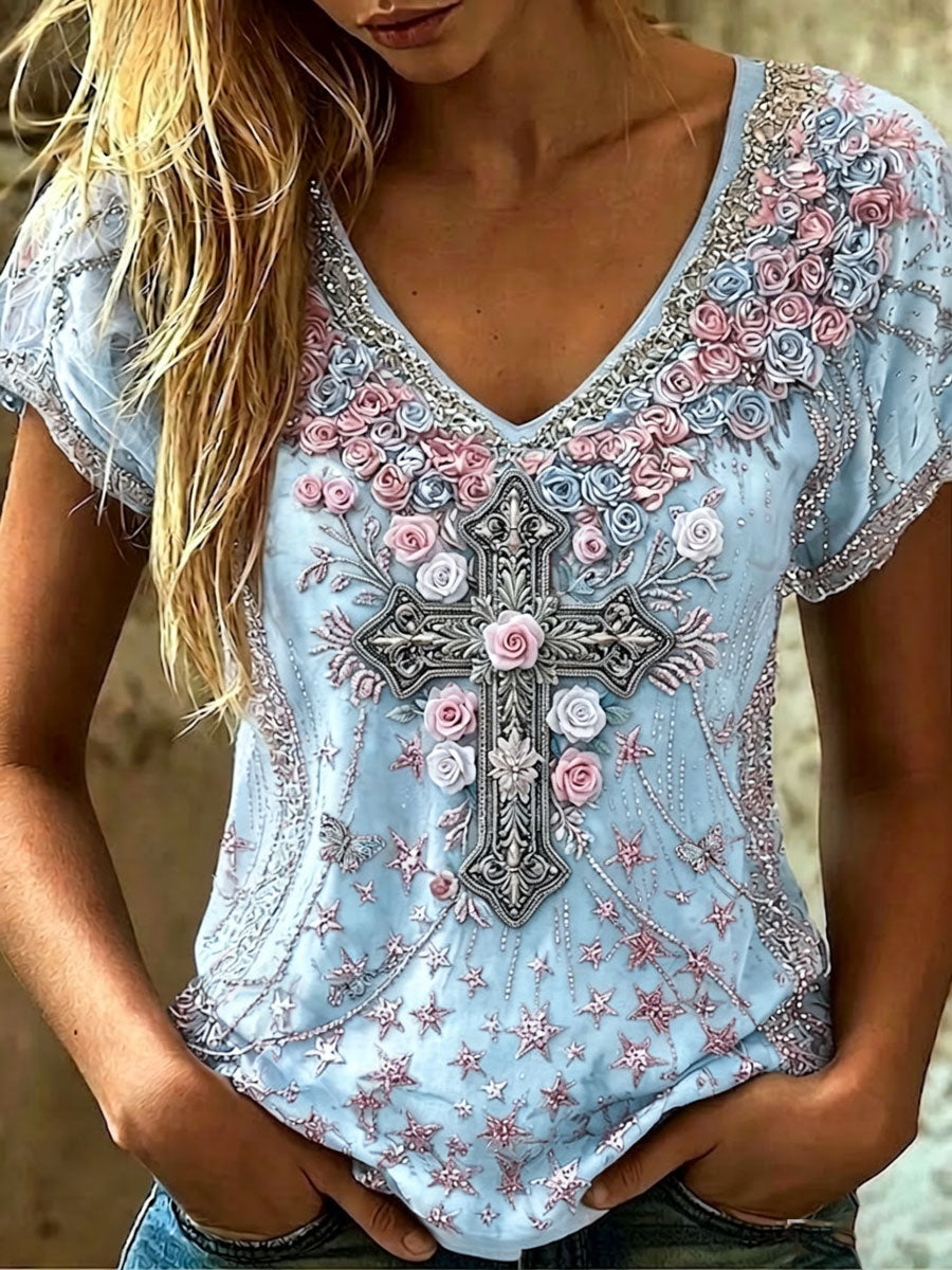 Women's Vintage Cotton-Linen Top with Cross Pattern