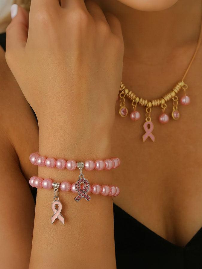 Breast Cancer Awareness Pink Ribbon Promotion (Bracelet 5+Necklace 1) Set Bracelet Jewelry