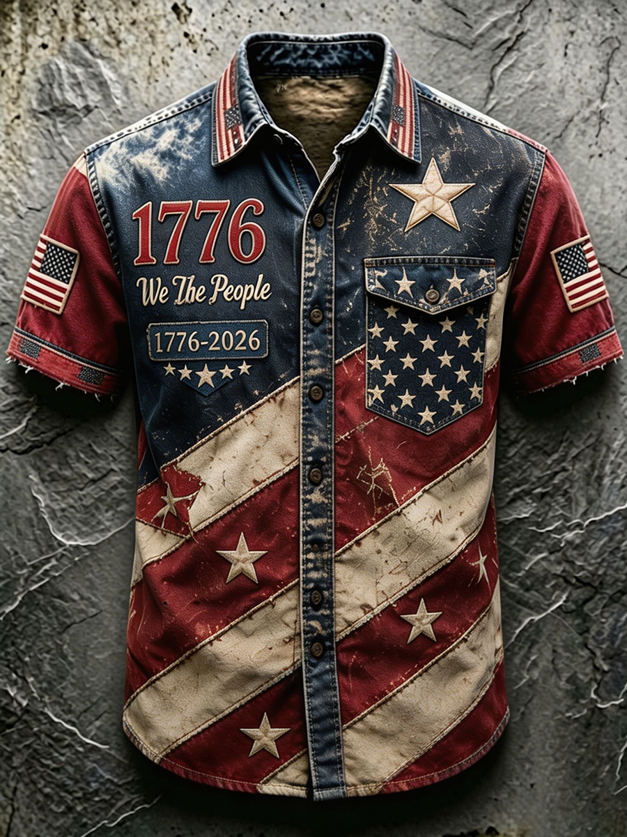 Men's 1776 We The People American Flag Vintage Denim Shirt
