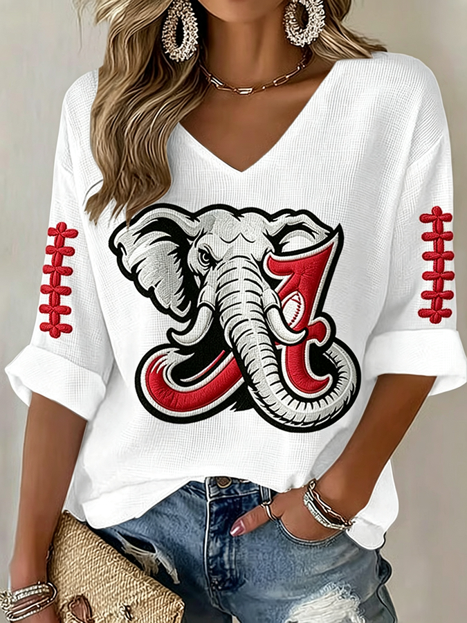 Women'S Rugby Patterned Waffle V-Neck Top