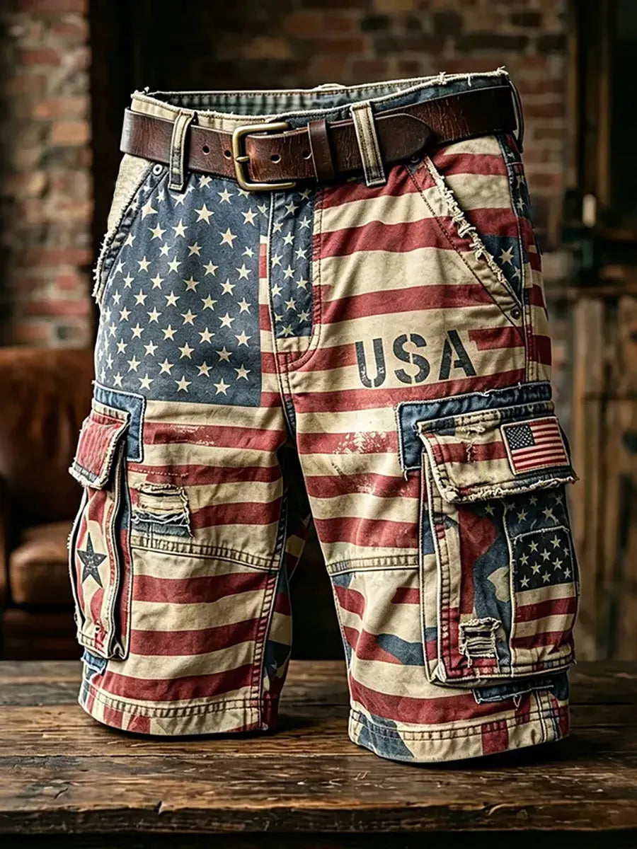 Men'S Casual American 250Th Anniversary Flag Printed Workwear Pocket Shorts