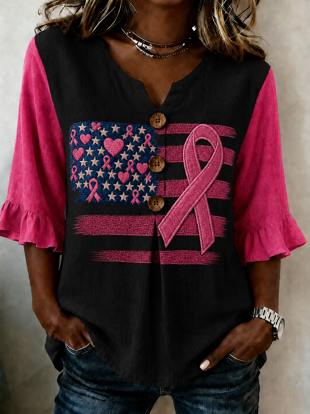 Women'S Casual National Flag Breast Cancer Awareness Propaganda Art Print Top