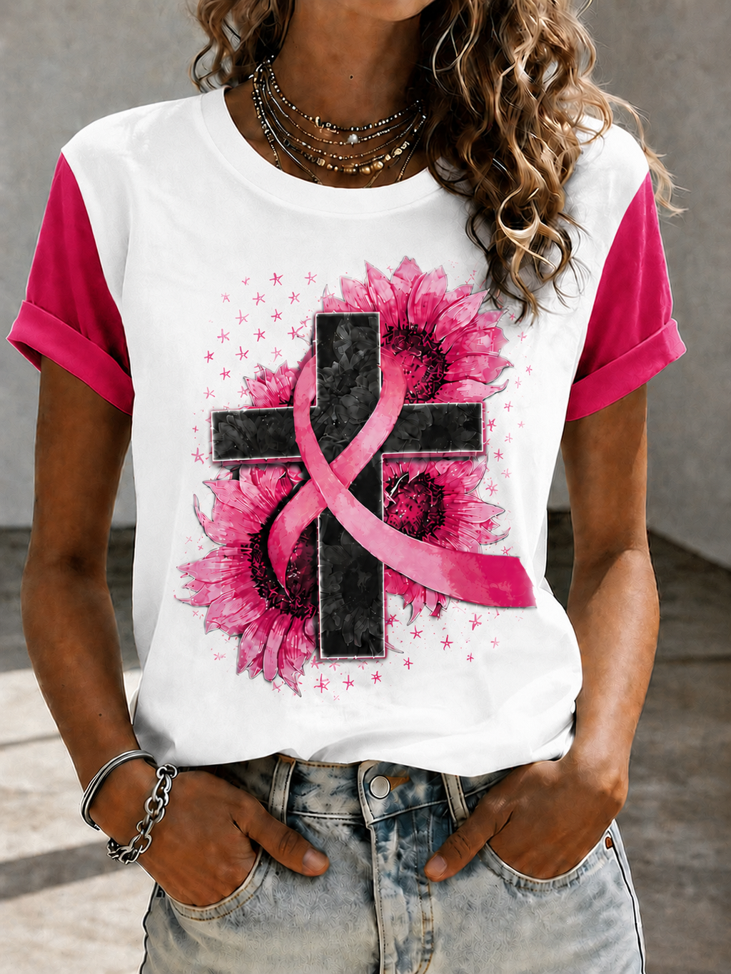 Women'S Faith Breast Cancer Publicity Print Short Sleeve T-Shirt