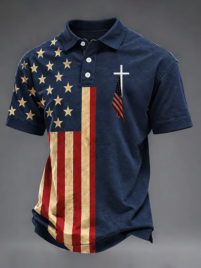 Men'S Independence Day Cross Print Casual Polo Shirt