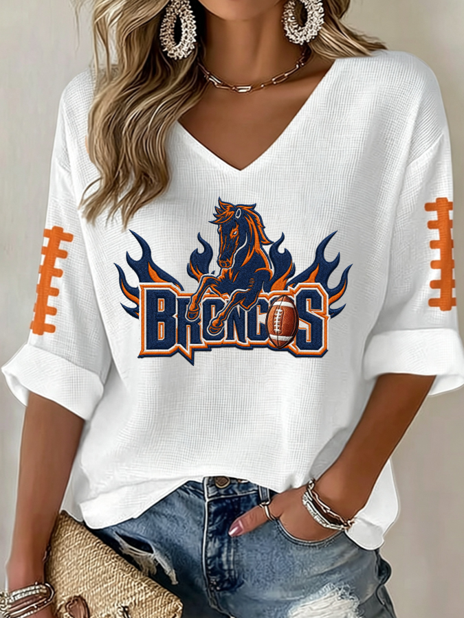 Women'S Rugby Patterned Waffle V-Neck Top