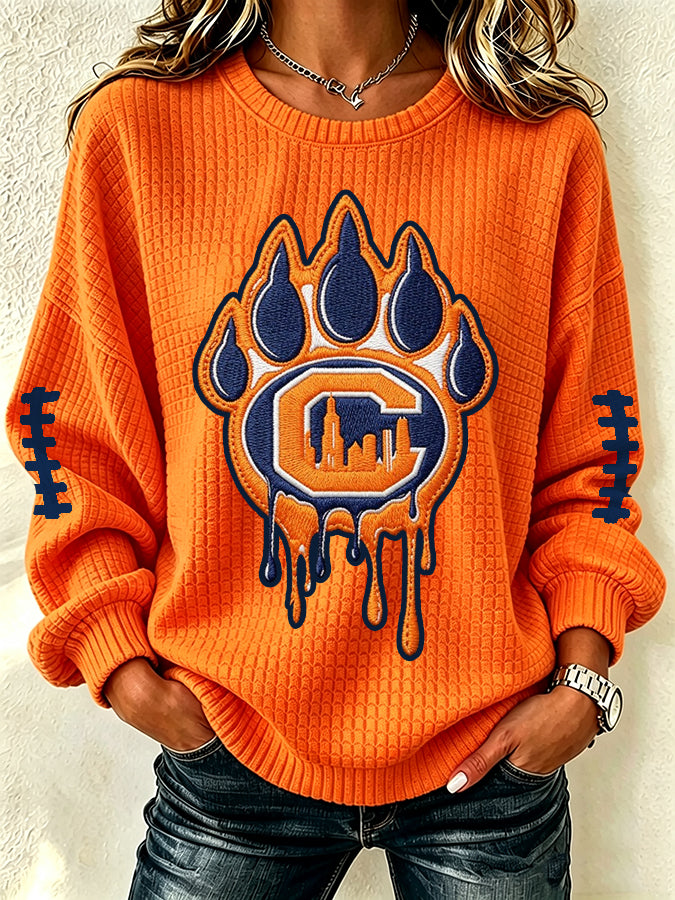 Women'S Football Print Waffle Long Sleeved Round Neck Sweatshirt