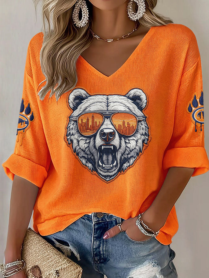 Women'S Rugby Printed Waffle Long Sleeve T-Shirt