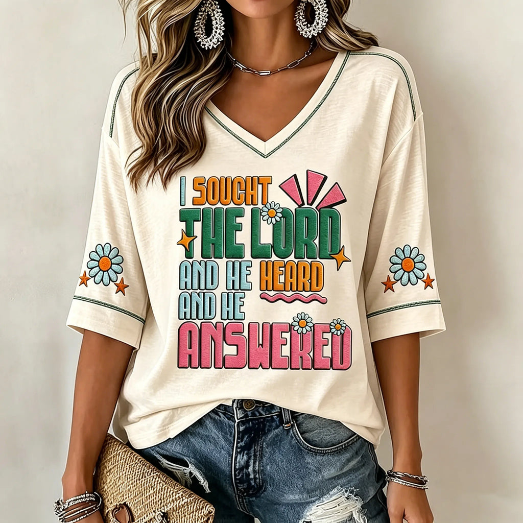 Women's "I sought the lord and he heard and he answered" V-neck T-shirts