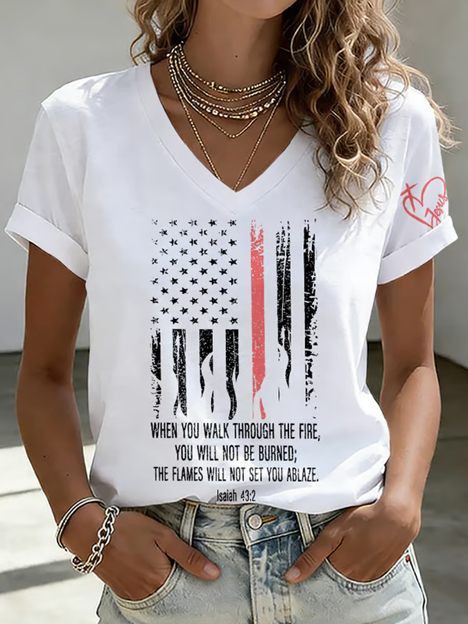 Wilderness Eagle Cross Faith Through The Fire V Neck Short Sleeve Vintage T-Shirt