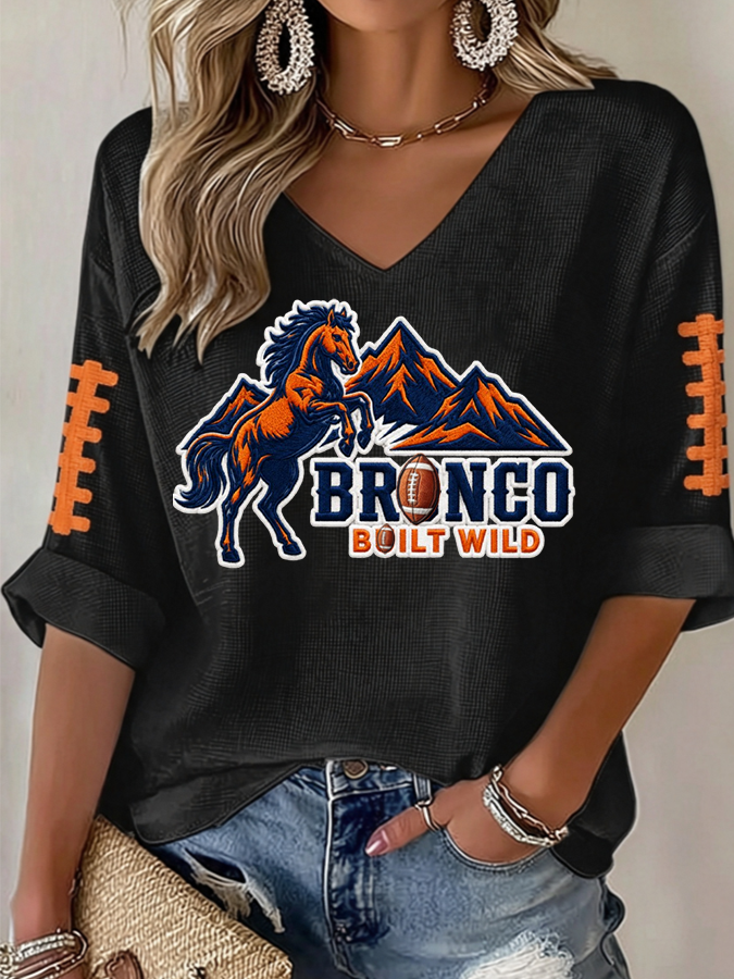 Women'S Rugby Patterned Waffle V-Neck Top