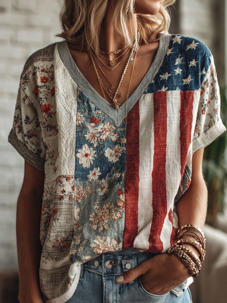 Women's Vintage Floral Patriotic Commemorative V-Neck Short-Sleeve T-Shirt