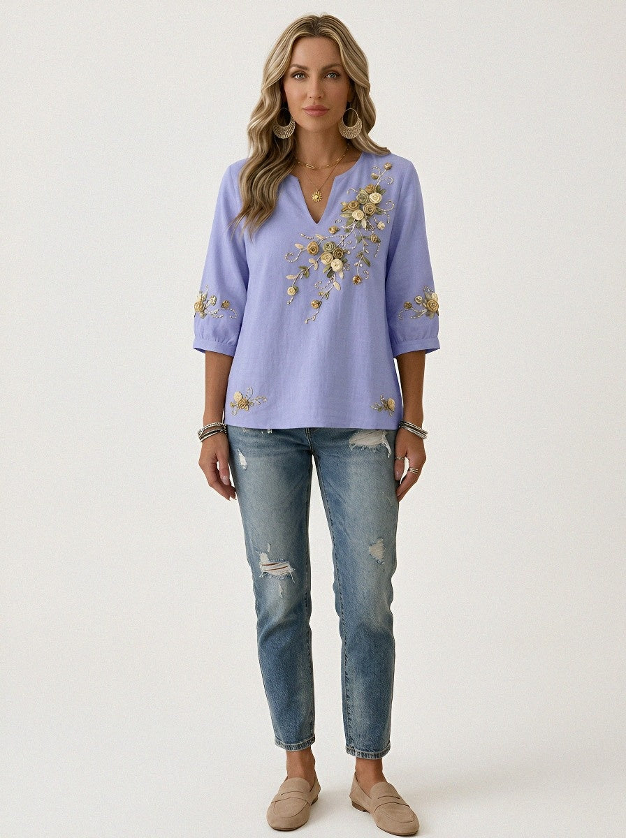 Women's Breast Cancer Awareness Floral Ribbon Embroidered Printed Top