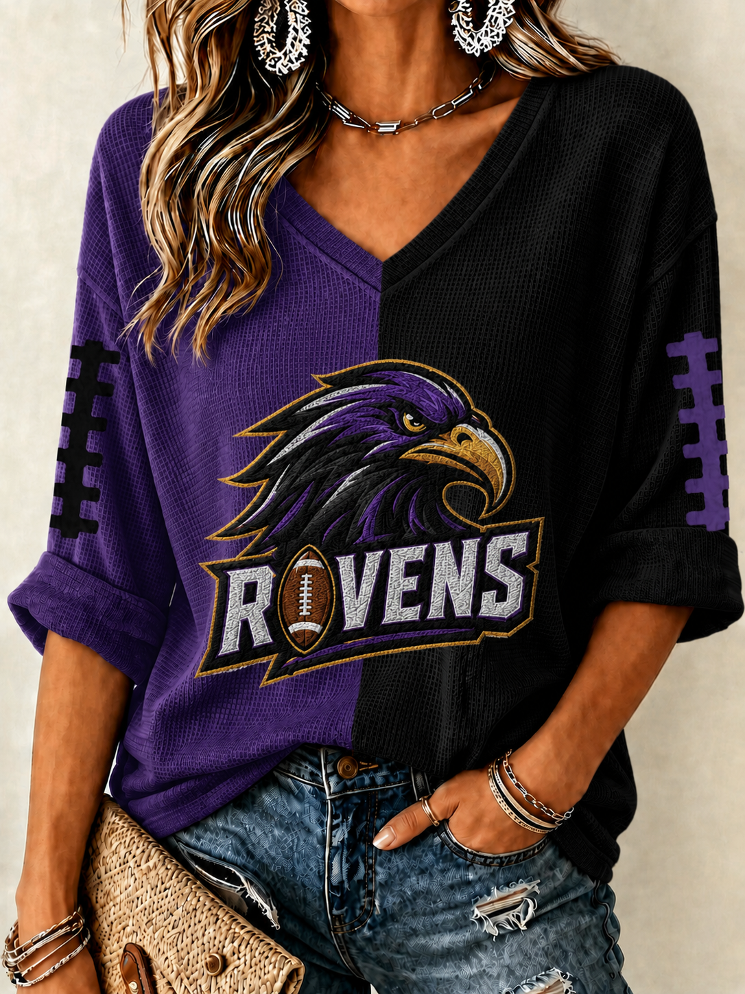 Women'S Football Print Waffle  Top