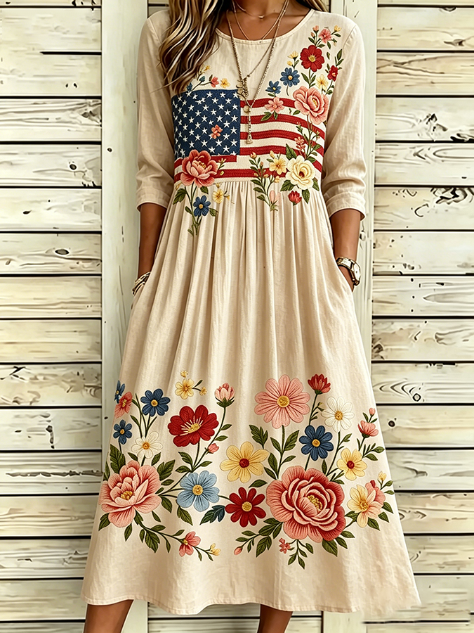 Women'S Flag Floral Printed Casual Dress