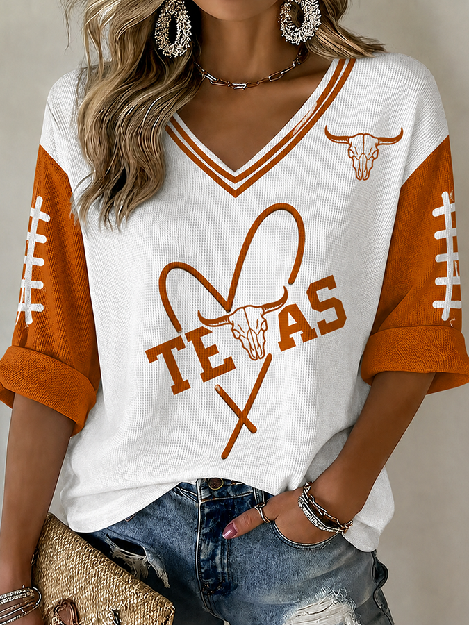 Women'S Football Print Waffle V-Neck Top