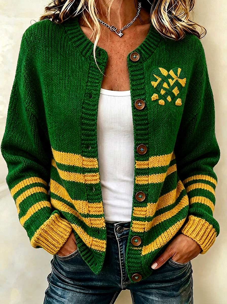 Women's Green Bay Packers Heart Logo Striped Knitted Cardigan