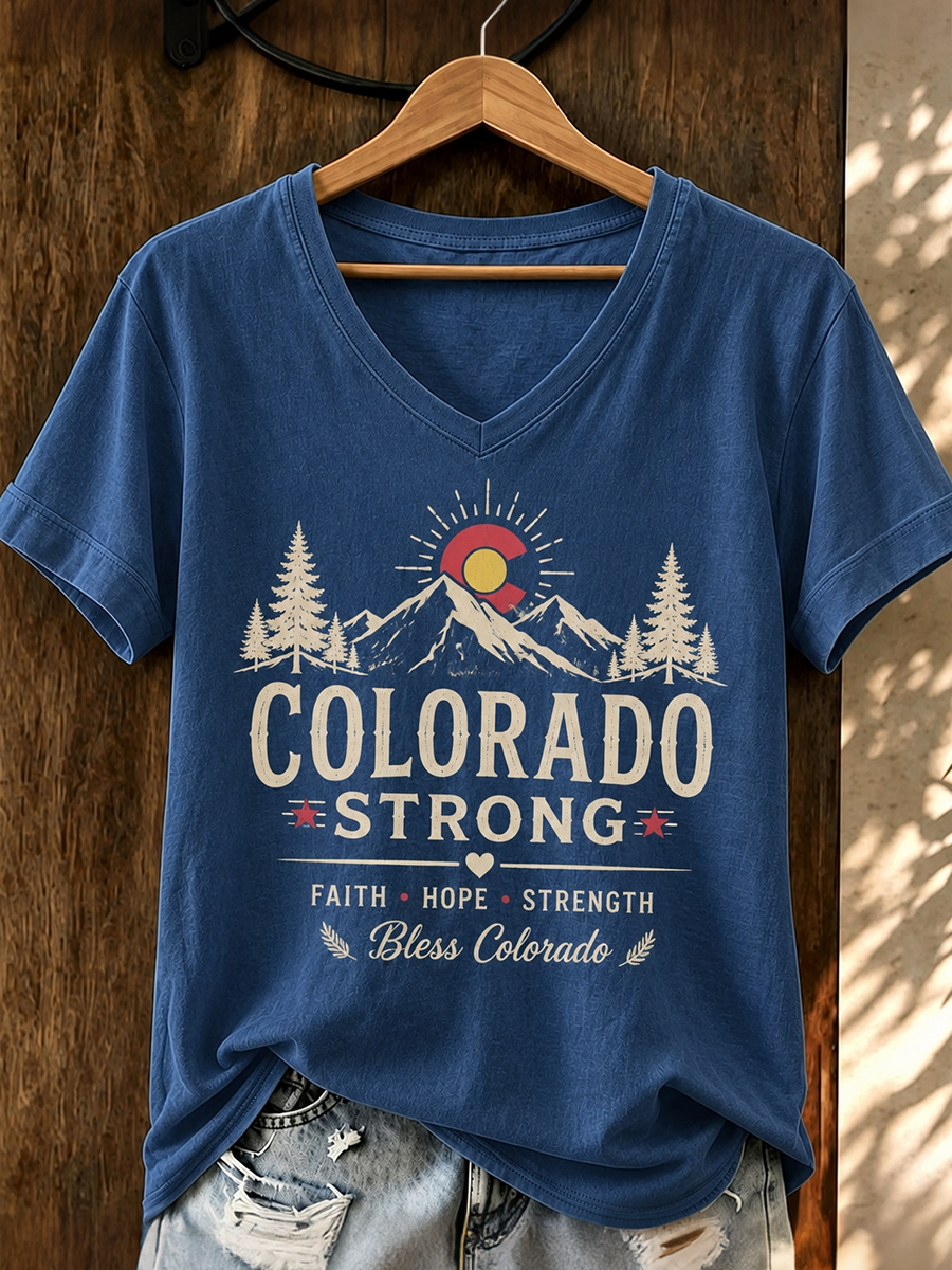 Colorado Strong Faith Hope Strength Mountain Colorado Flag Vintage V Neck Short Sleeve T-Shirt