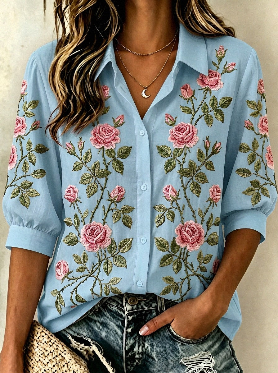 Women's Breast Cancer Awareness Pink Rose Floral Embroidered Button-up Shirt