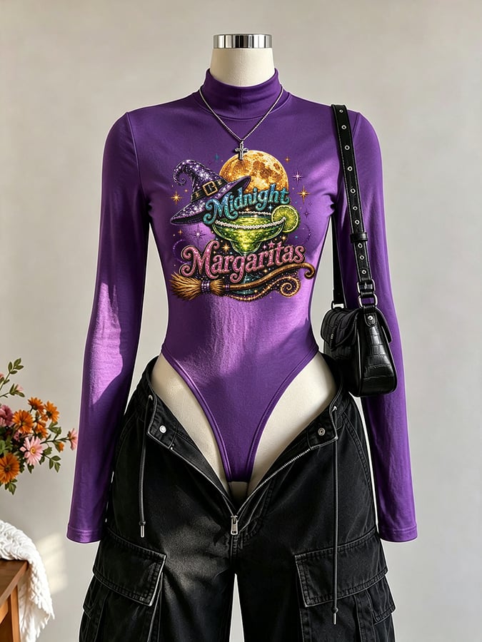 Women's Midnight Margaritas Print Long Sleeve Turtleneck Bodysuit