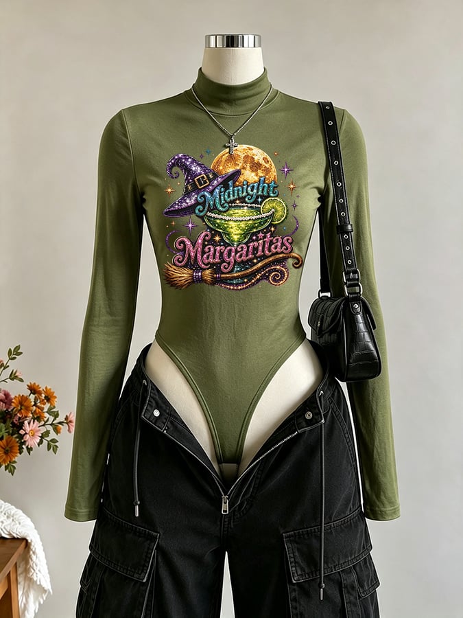 Women's Midnight Margaritas Print Long Sleeve Turtleneck Bodysuit