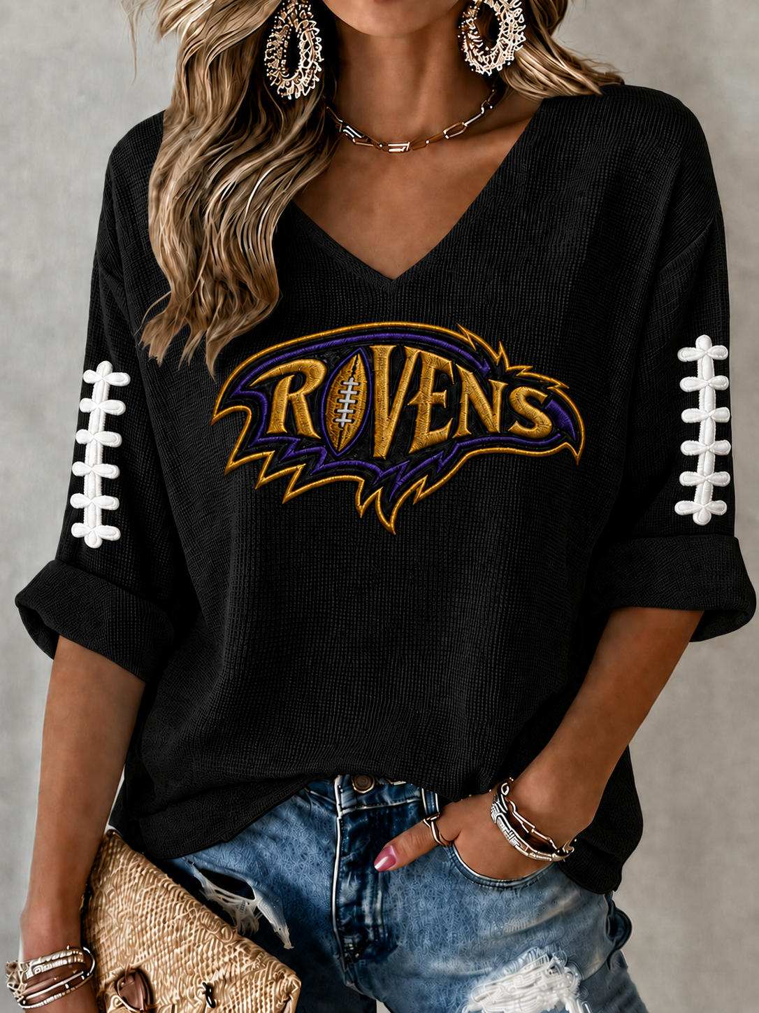 Women'S Football Print Waffle  Top