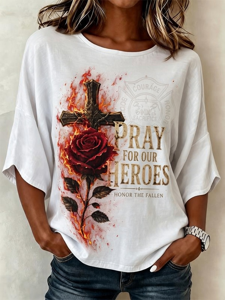 Women's Vintage Rose Cross Pray For Our Heroes T-Shirt