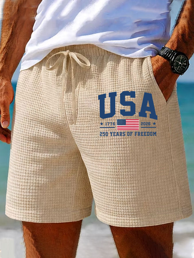 Men'S American Flag Printed Waffle Casual Shorts