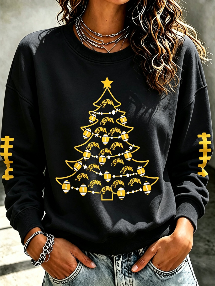 Women's Retro Football Christmas Tree Print Round Neck Sports Shirt