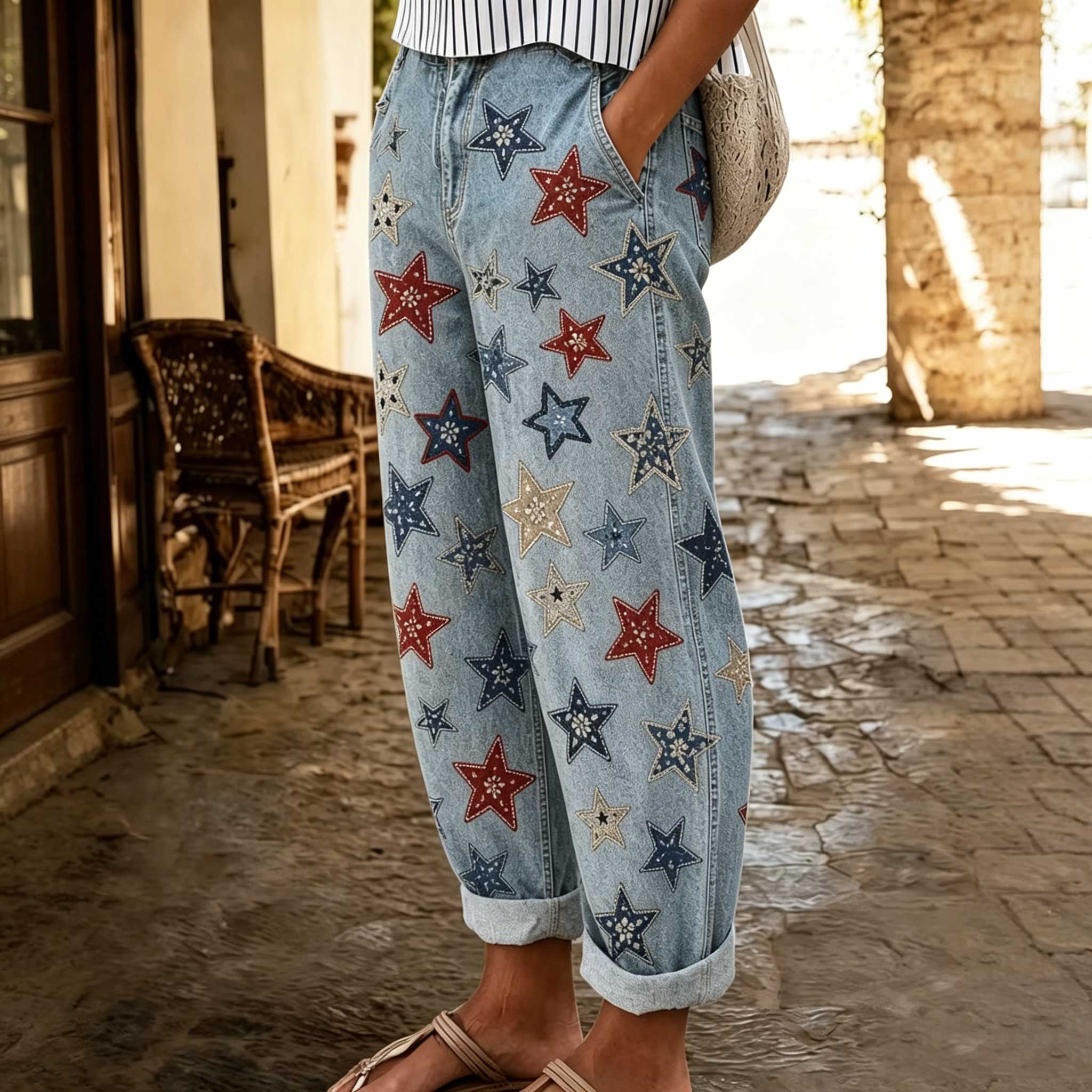 Women's 250th Anniversary Print Faux-Denim Casual Pants