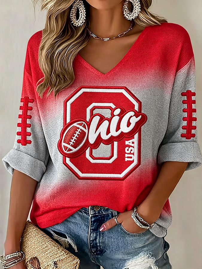 Women'S Rugby Patterned Waffle V-Neck Top