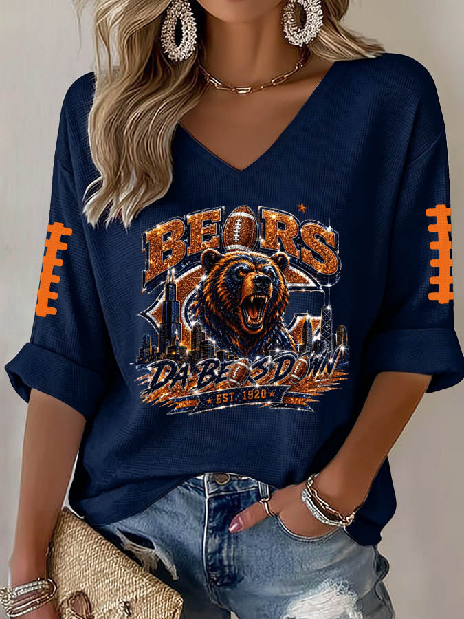 Women'S Rugby Printed Waffle Long Sleeve T-Shirt