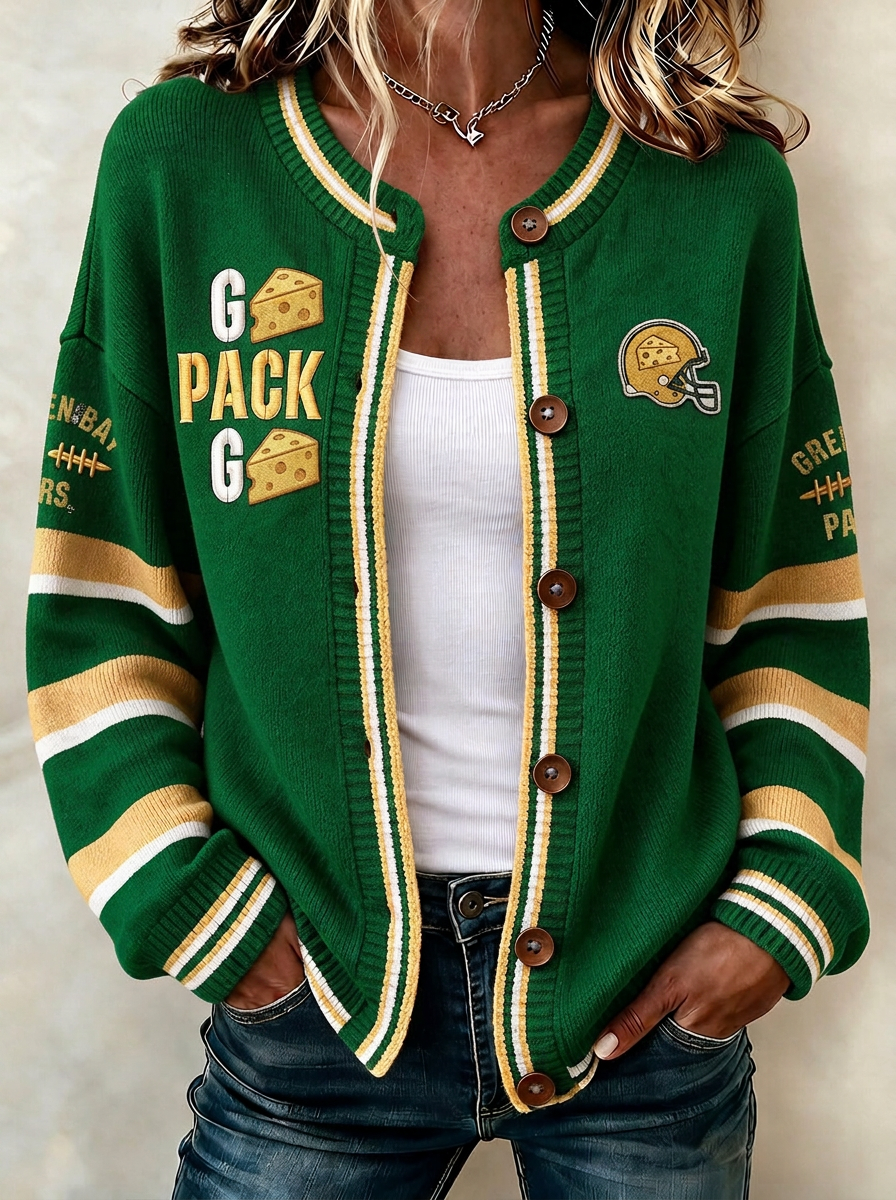 Women's Green Bay Packers Cheesehead Helmet Printed Cardigan